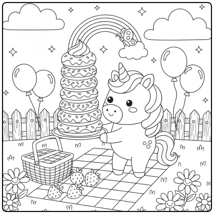 Scène de pique-nique pour Coloriage gateau licorne et arc-en-ciel.