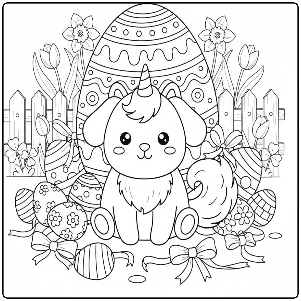 Coloriage chien licorne de Pâques parmi les œufs décorés.