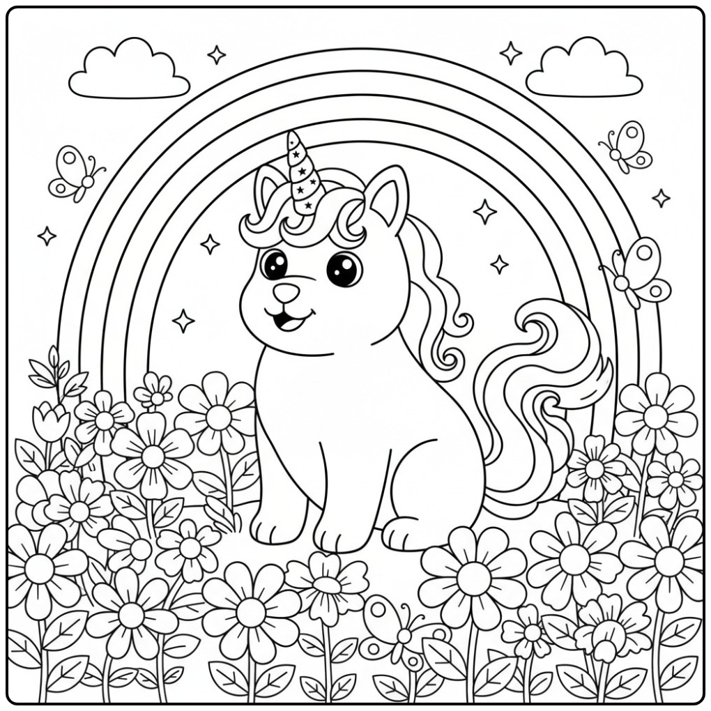 Coloriage chien licorne et arc-en-ciel, avec des fleurs.