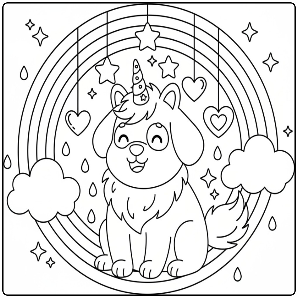 Coloriage chien licorne et arc-en-ciel, avec des étoiles, cœurs et nuages.