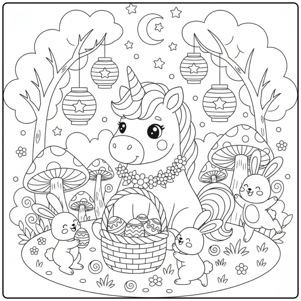 Coloriage licorne de Pâques với ses amis lapins, œufs et nature.