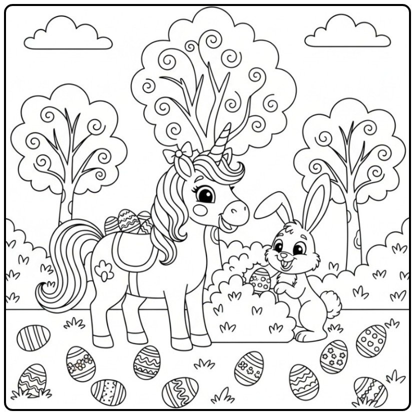 coloriage licorne paques: Une licorne et un lapin fêtent Pâques avec des œufs.