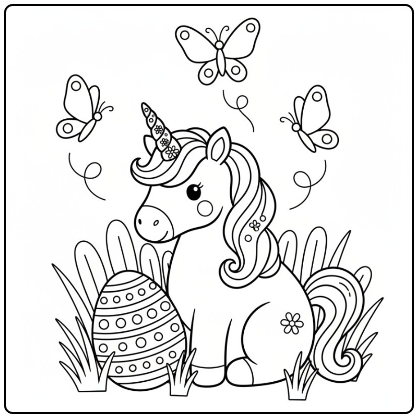 Joli coloriage licorne paques avec un œuf festif et papillons printaniers.