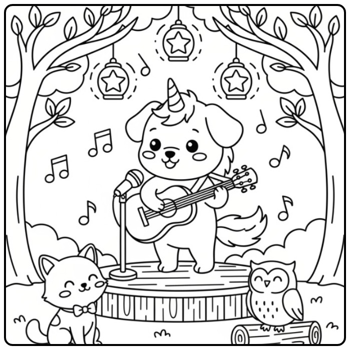 Un mignon coloriage chien licorne chantant pour ses amis.