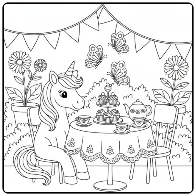 Jolie scène de goûter avec un coloriage licorne papillon.