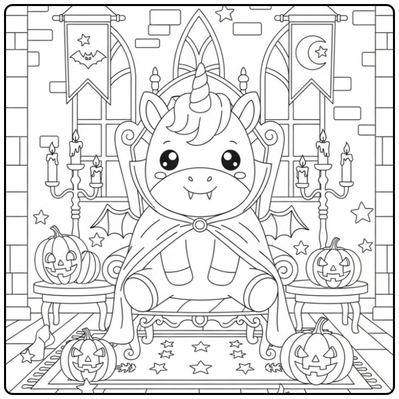 Adorable Coloriage licorne vampire Halloween dans un château.