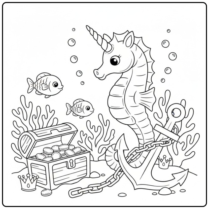 Dessin d'un coloriage hippocampe licorne et son trésor marin.