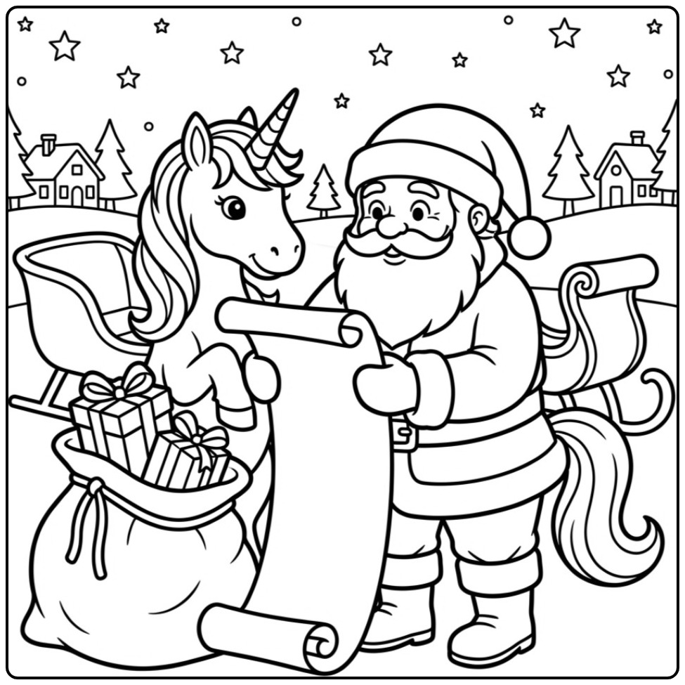 Le Père Noël avec une créature magique, un coloriage licorne noel.