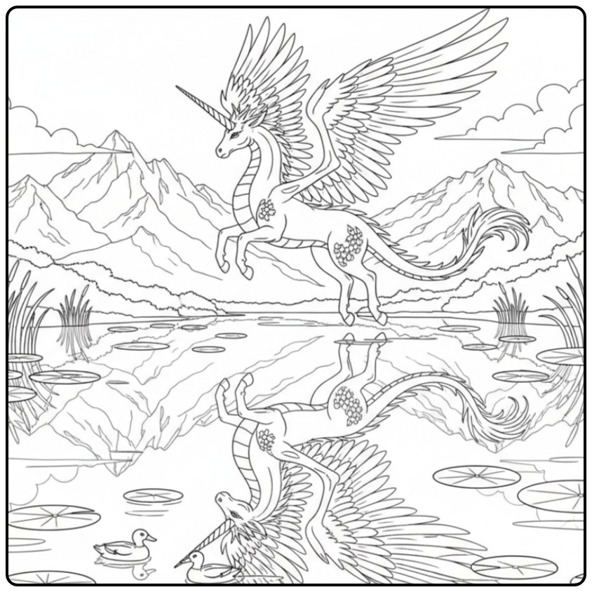 Un magnifique coloriage dragon licorne volant sur un lac.