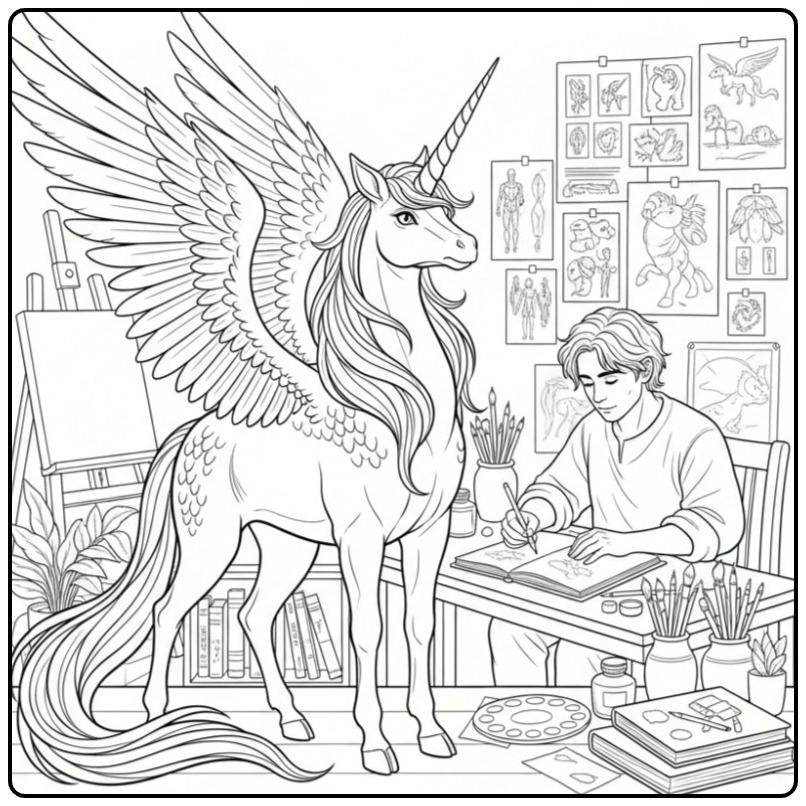 Un artiste et sa muse pour un coloriage dragon licorne ailée.