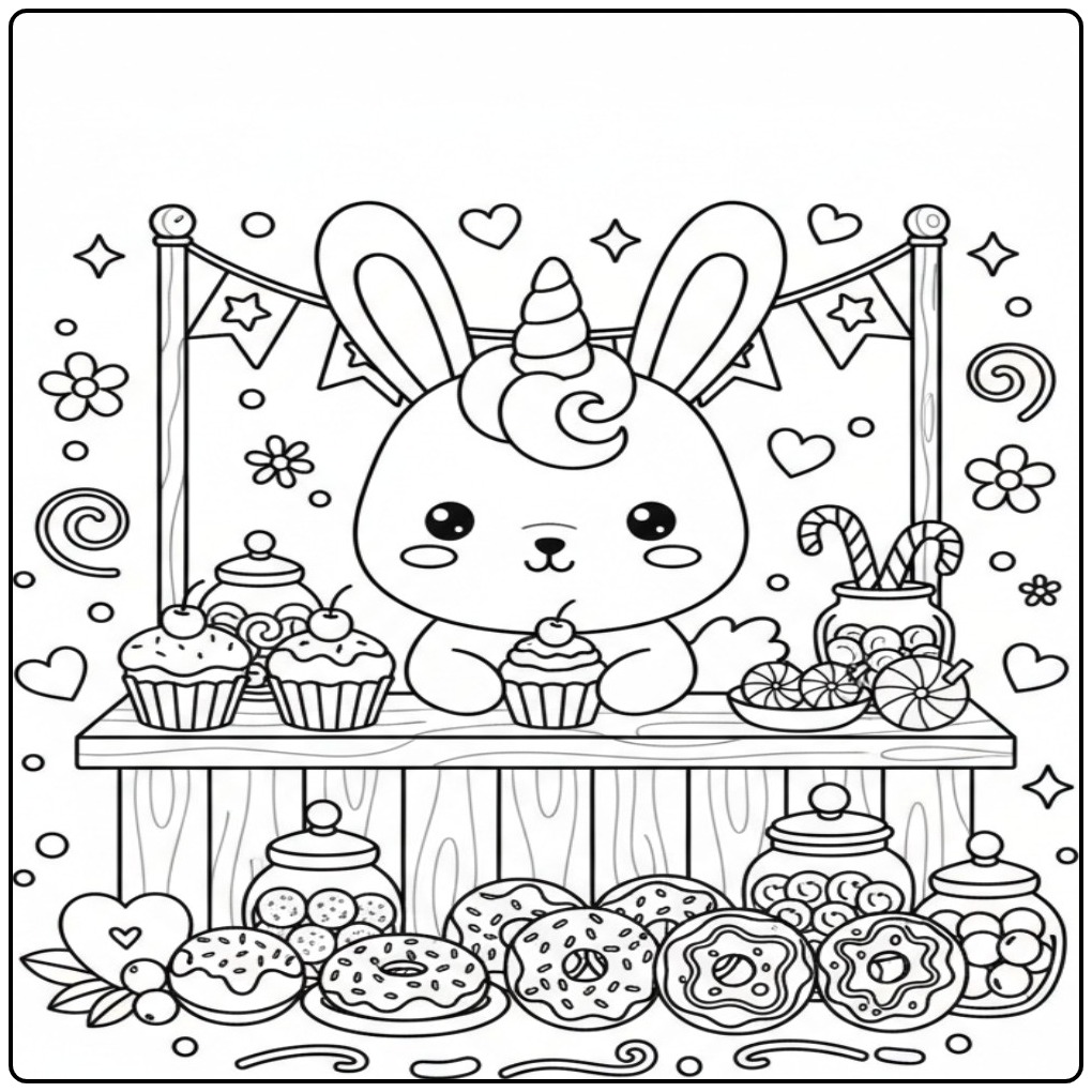 Adorable Coloriage lapin licorne et bonbons à son stand gourmand.