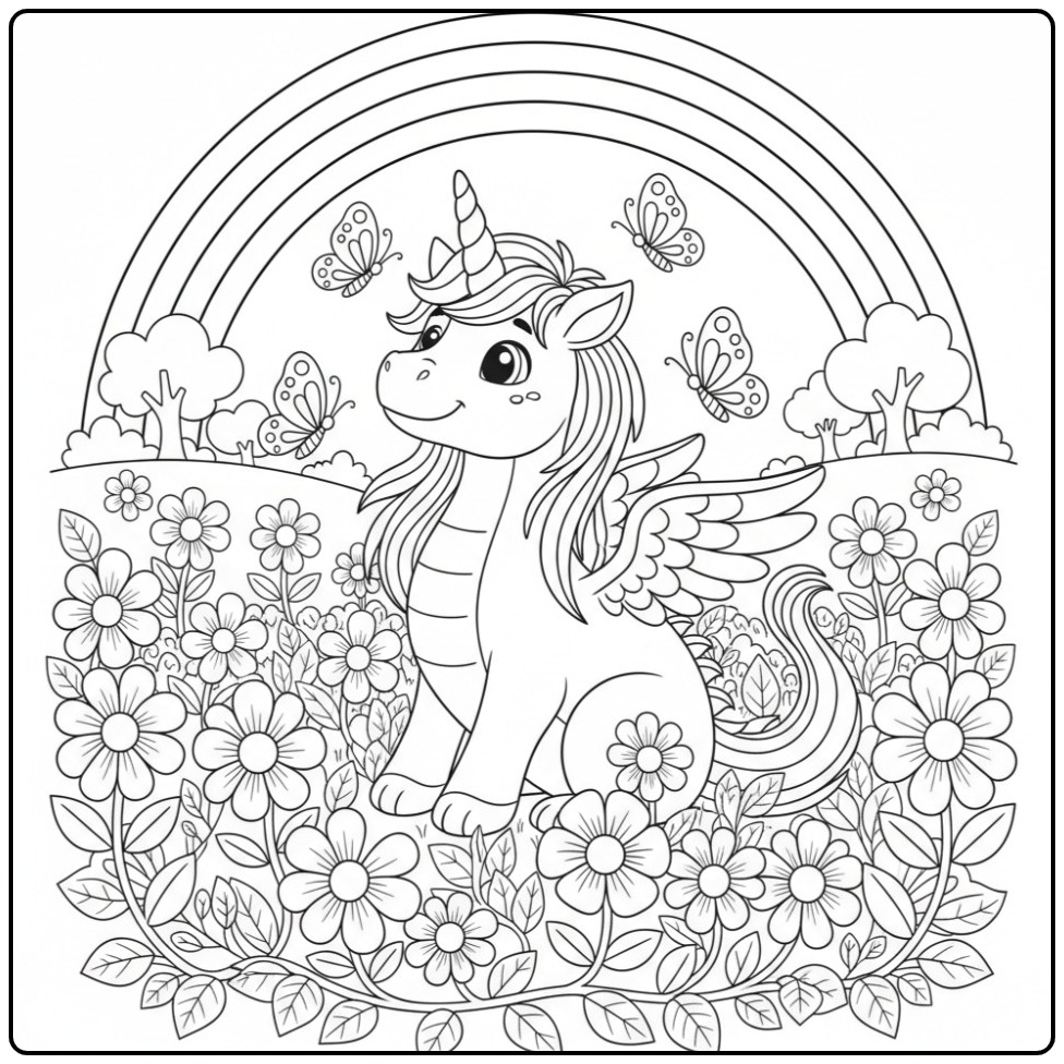 Coloriage dragon licorne et arc-en-ciel dans un pré fleuri.