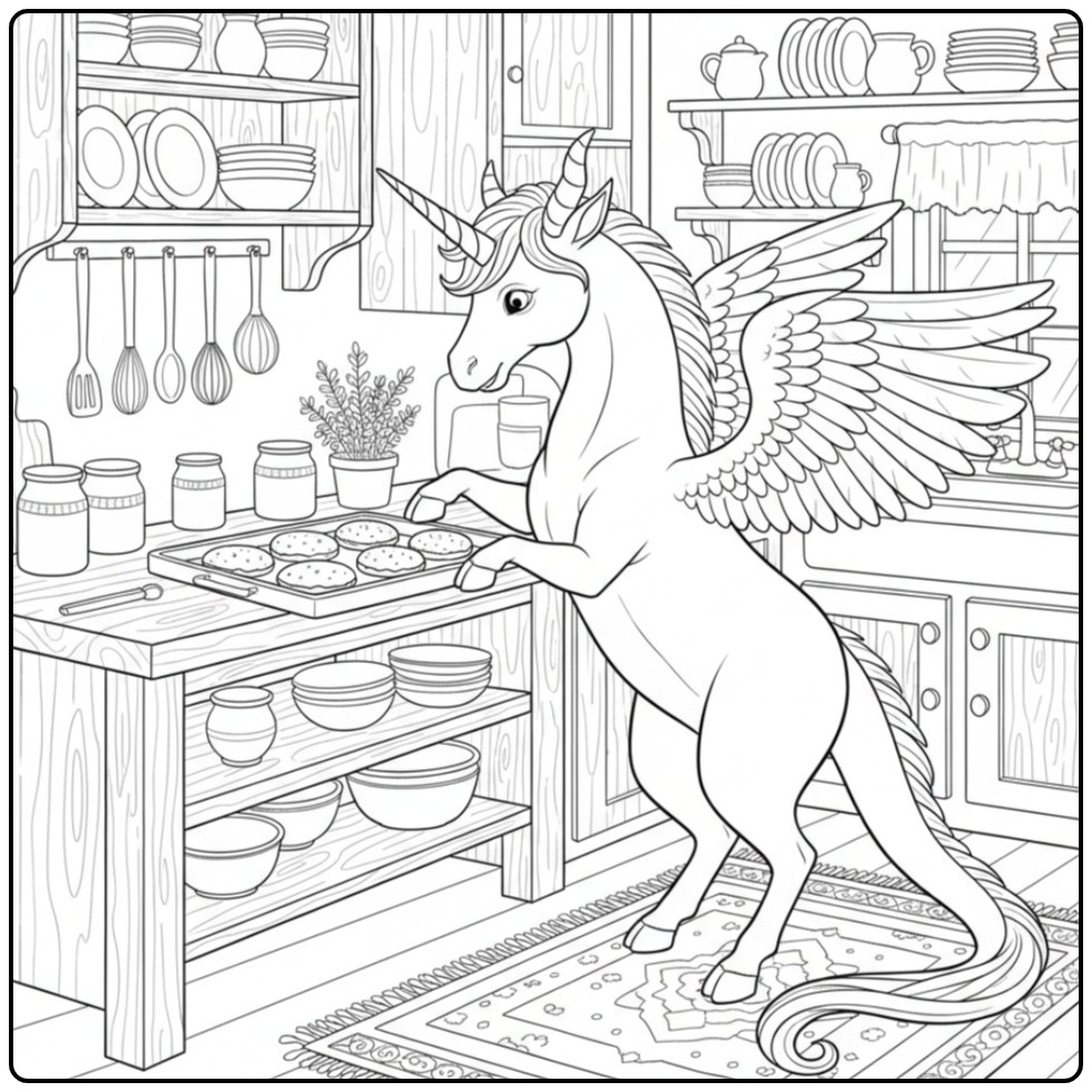 Adorable coloriage dragon licorne dans une cuisine rustique.