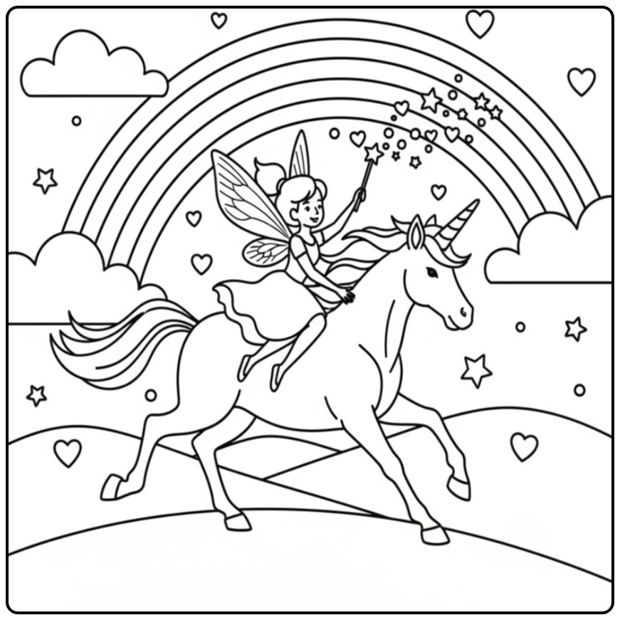 Joli coloriage fée licorne galopant sous un bel arc-en-ciel.