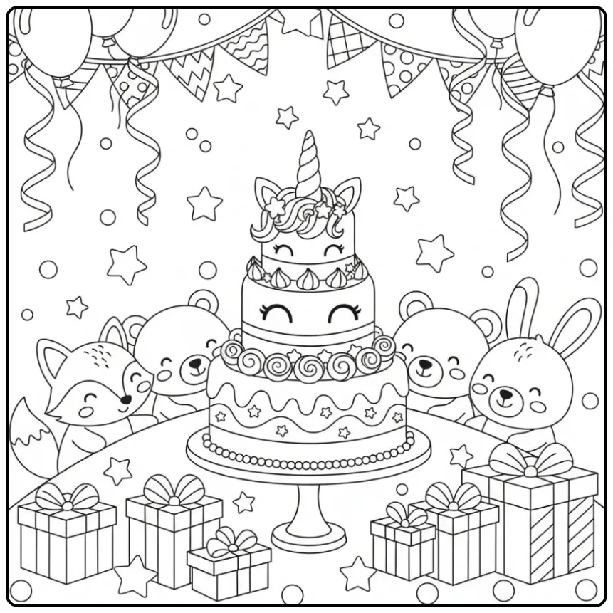 Joli Coloriage gateau anniversaire licorne au milieu des cadeaux.