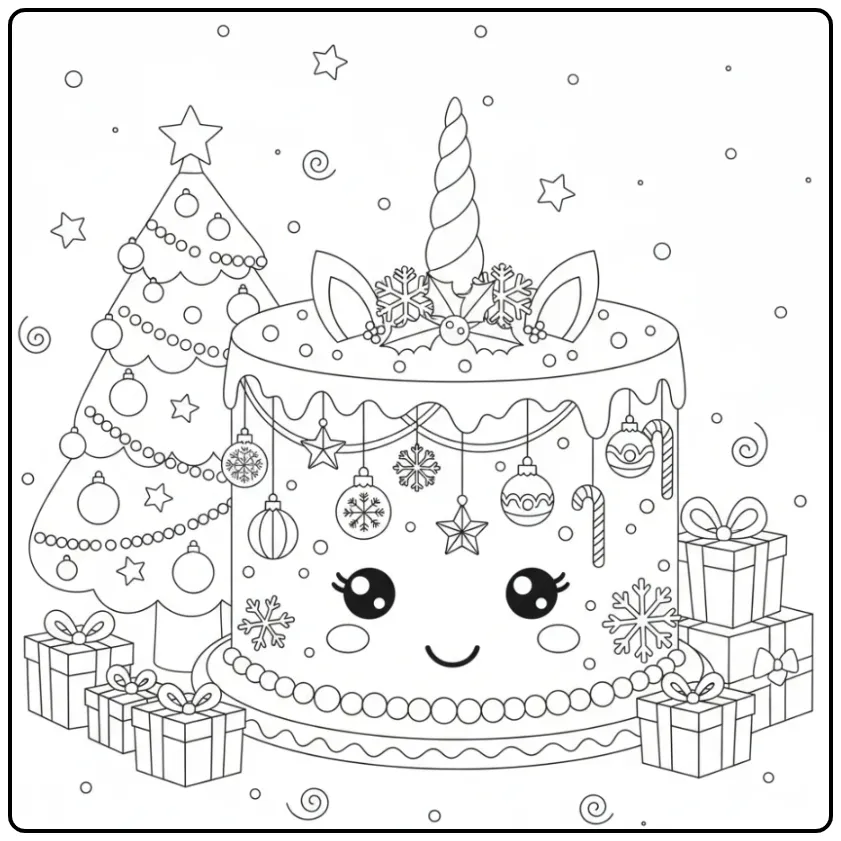 Un joli Coloriage gateau de Noël licorne près d'un sapin.