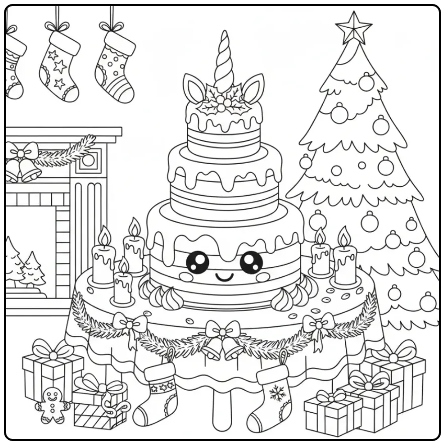 Adorable Coloriage gateau de Noël licorne avec décorations.