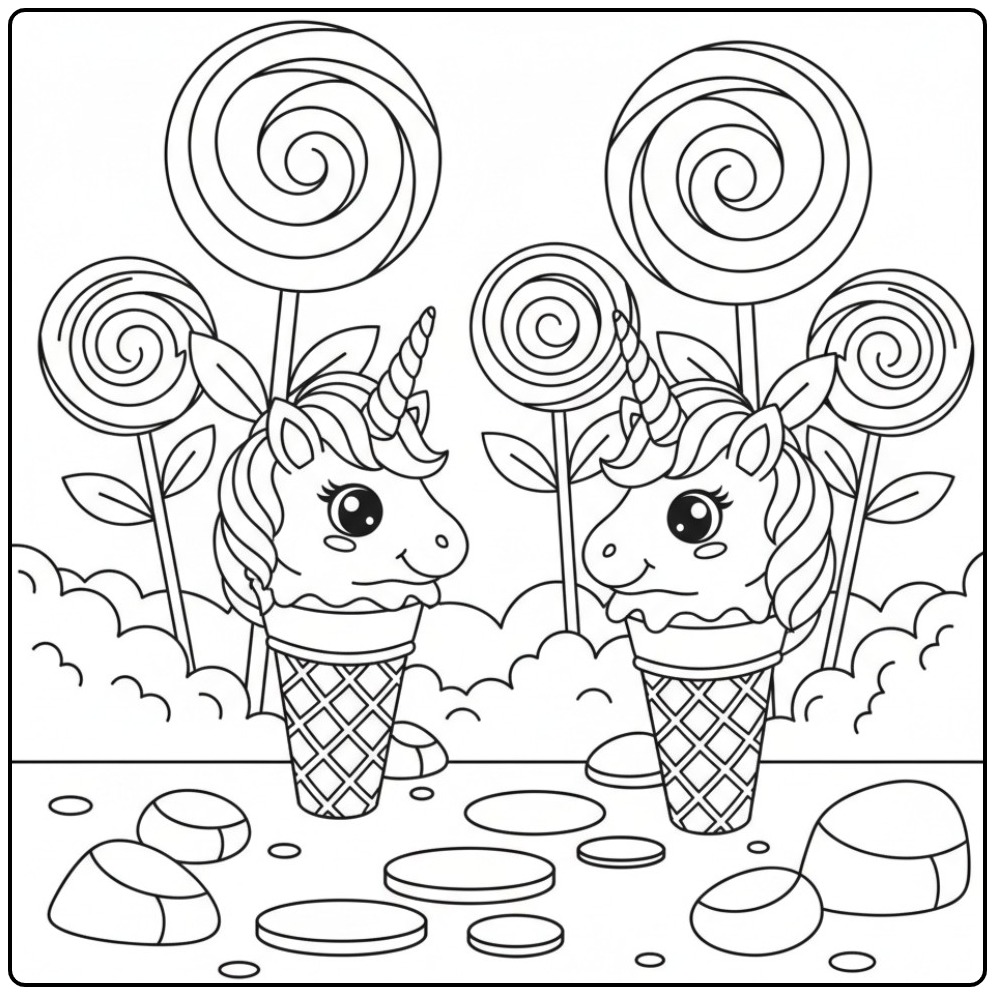 Un adorable duo pour un coloriage glace licorne et sucettes.