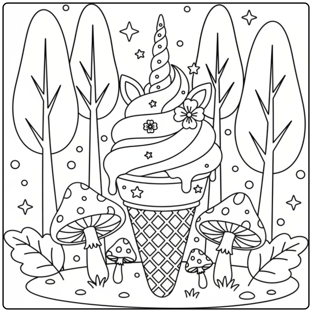 Un joli coloriage glace licorne dans une forêt enchantée.