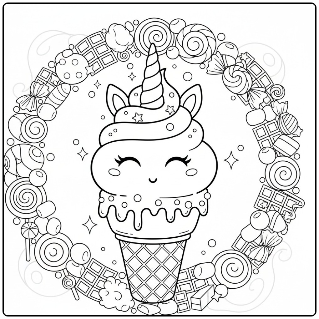Dessin kawaii avec Coloriage glace licorne gourmandise & bonbons.