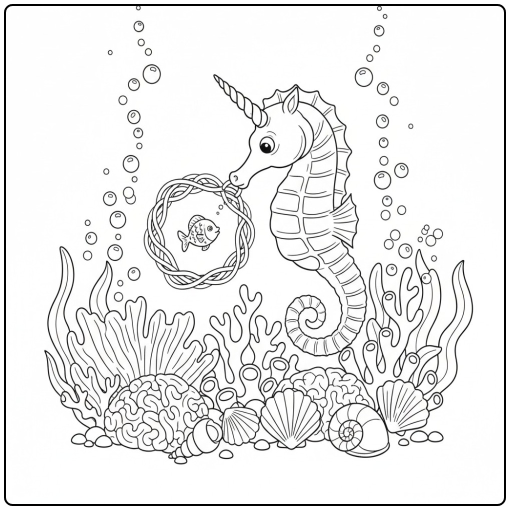 Un joli coloriage hippocampe licorne avec son ami le poisson.