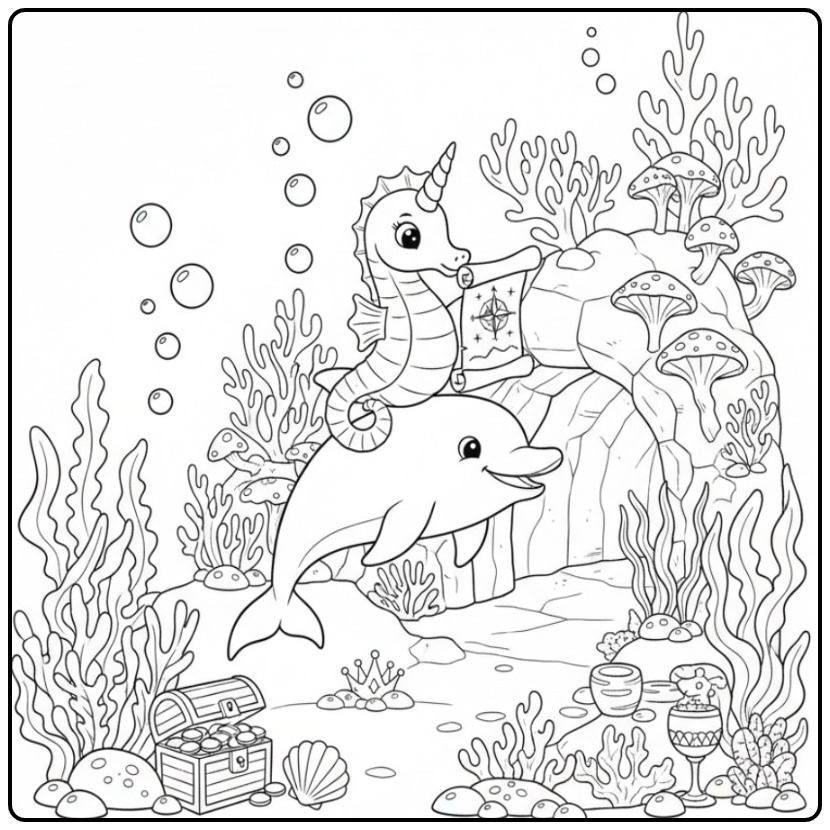 Un joli coloriage hippocampe licorne avec son ami dauphin.