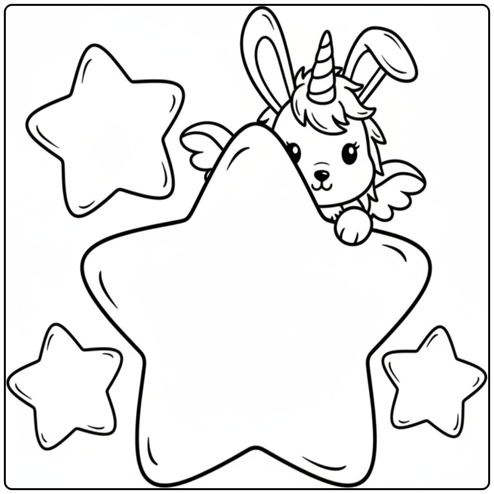 Dessin kawaii d'un coloriage lapin licorne derrière une étoile.