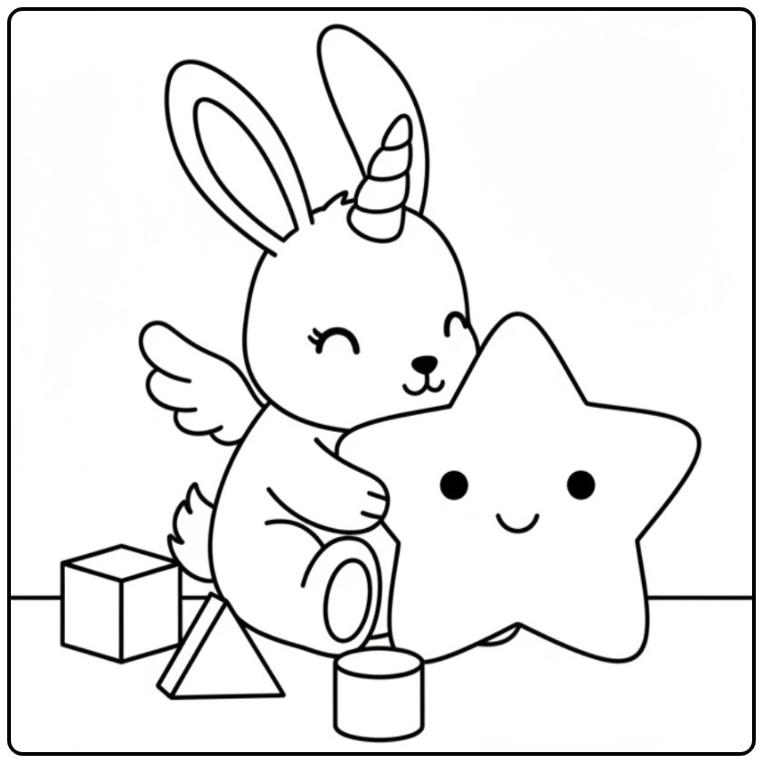 Joli coloriage lapin licorne ailé serrant une étoile souriante.