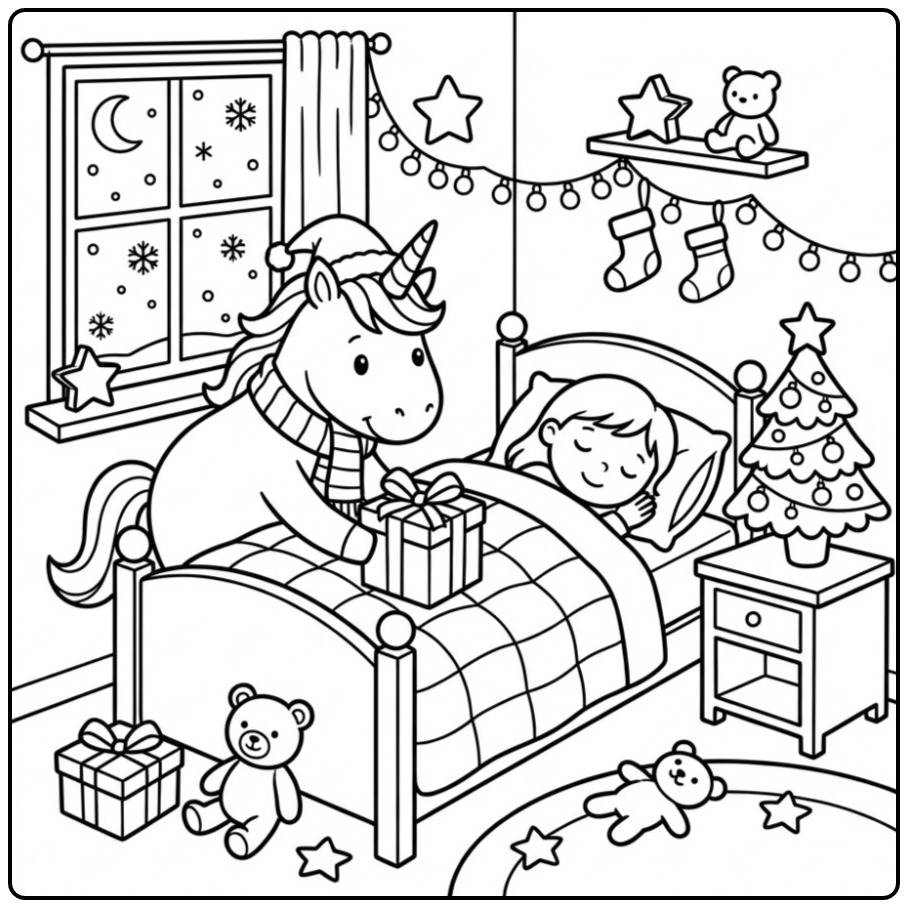 Joli coloriage Licorne de Noël et Cadeaux dans une chambre.