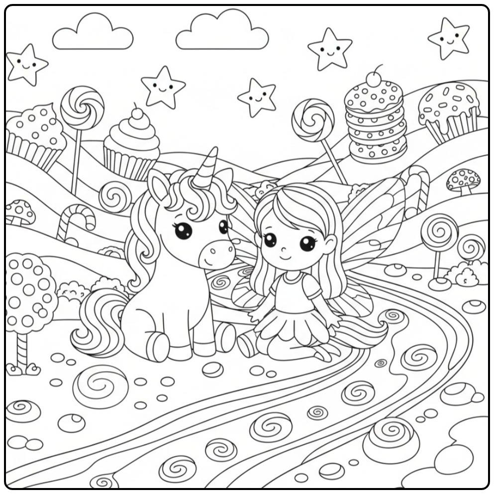 Page de Coloriage Licorne et Pays des Bonbons avec une fée assise.