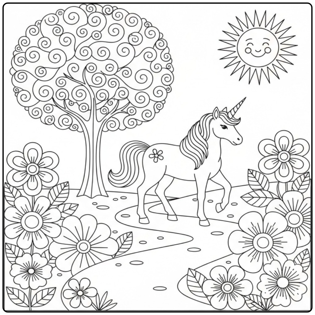 Un joli coloriage licorne fleur se promenant dans un champ.