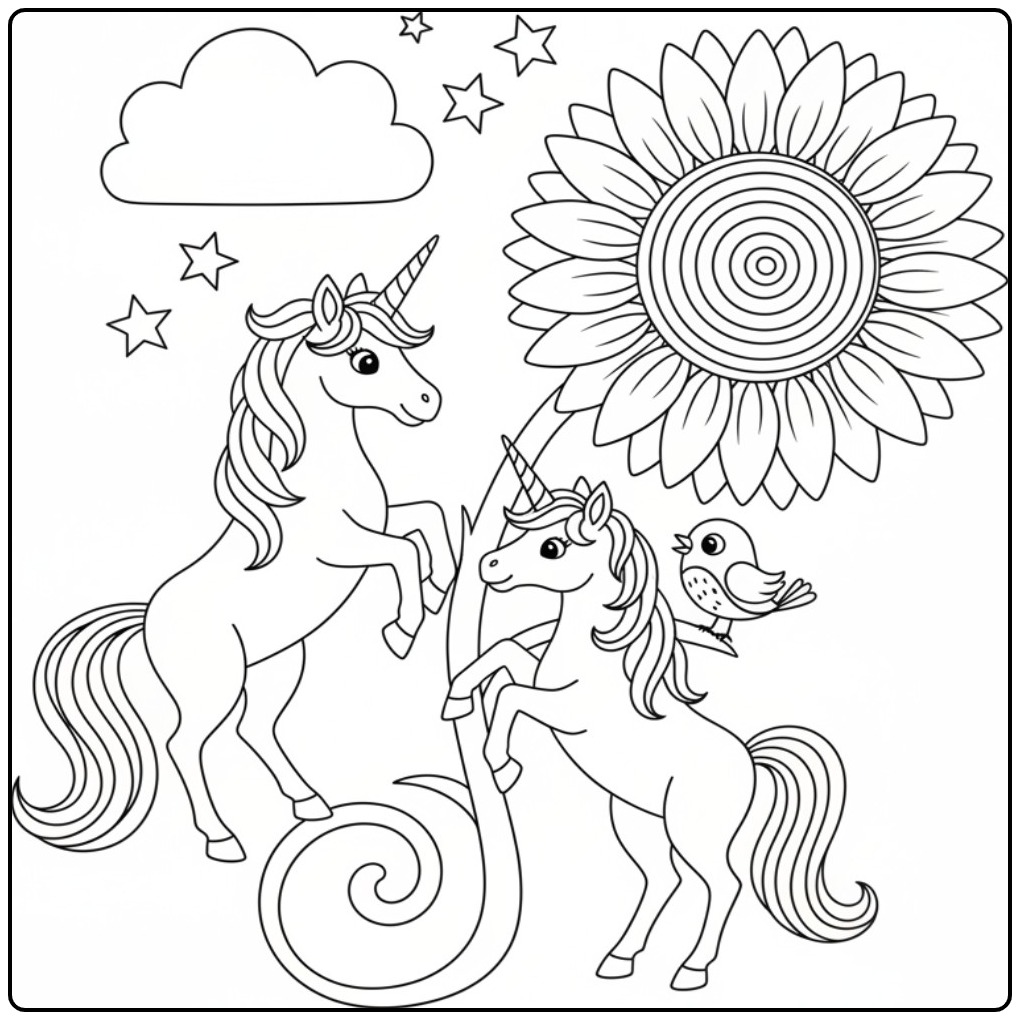Un mignon coloriage licorne fleur avec deux amis magiques.