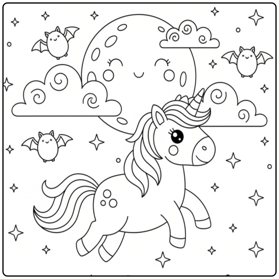Joli Coloriage licorne Halloween et chauves-souris dans le ciel nocturne.