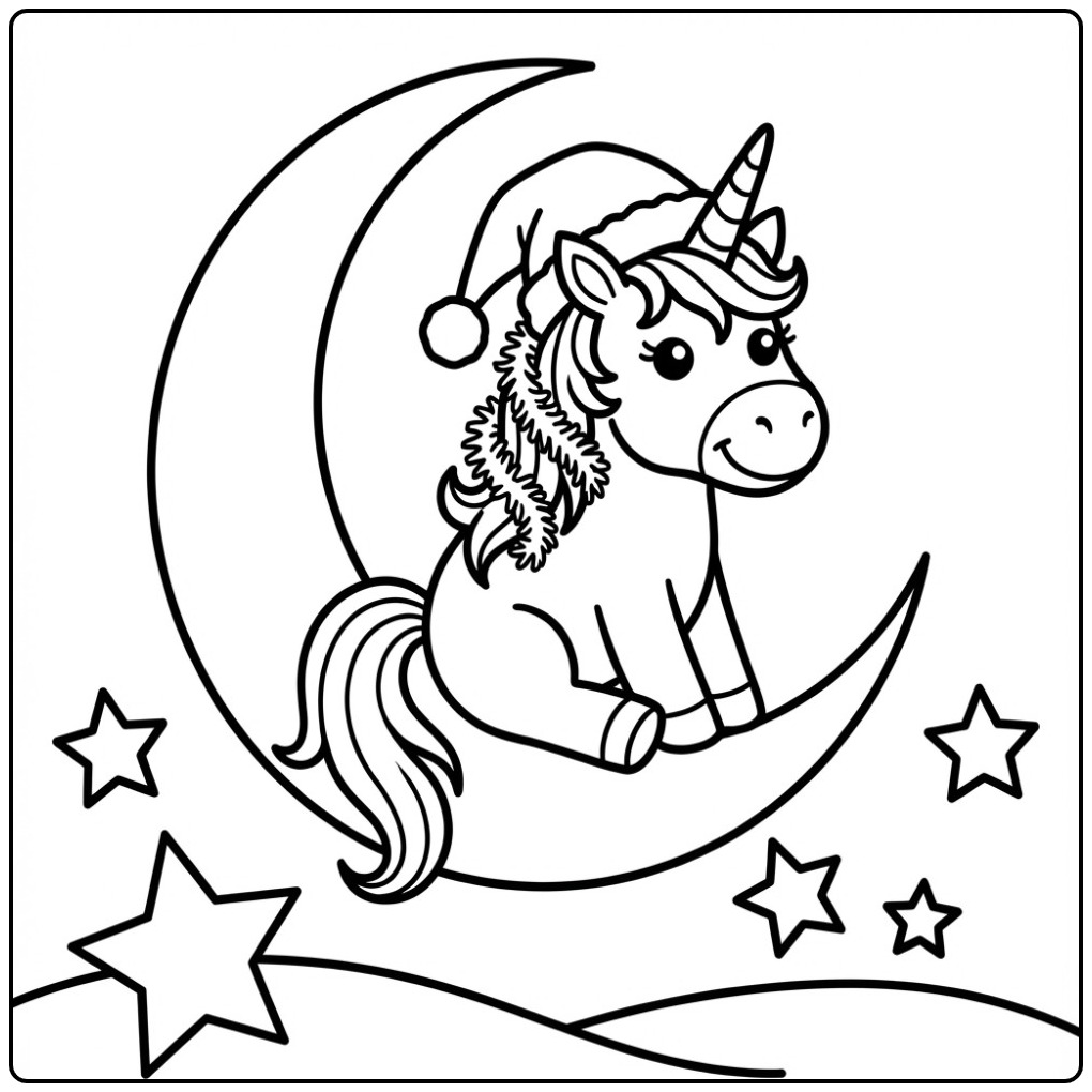 Adorable dessin coloriage licorne noel assise sur la lune.