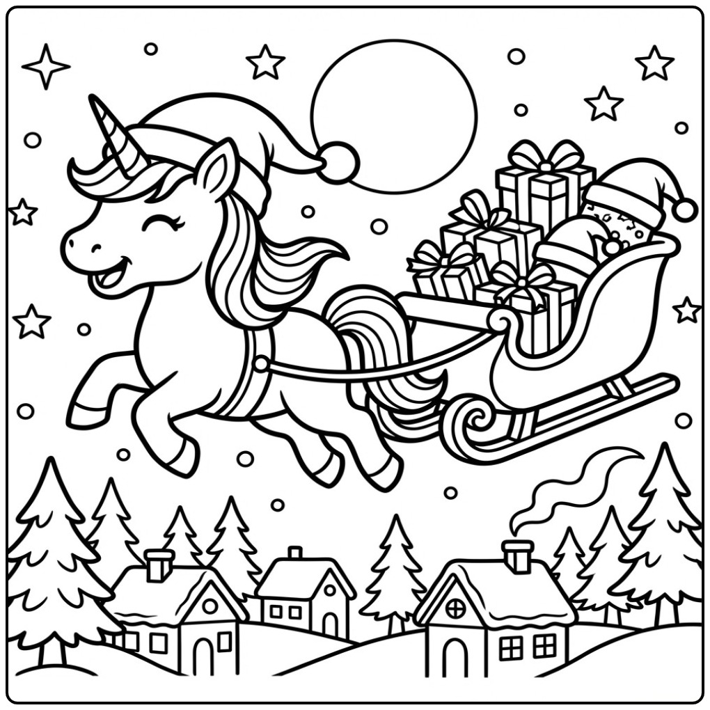 Un adorable coloriage licorne noel tirant un traîneau de cadeaux.