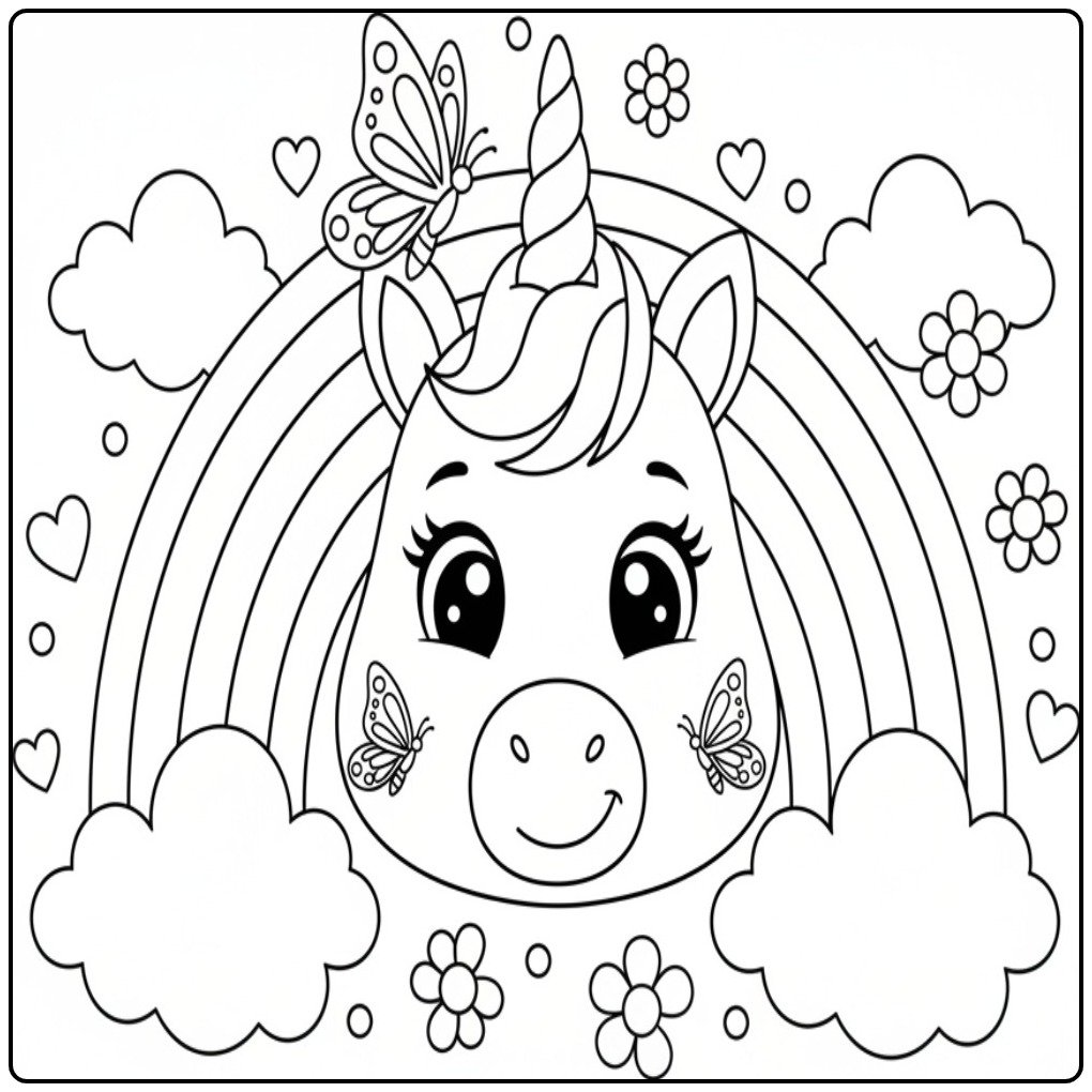 Un Coloriage licorne papillon avec un arc-en-ciel et des fleurs.