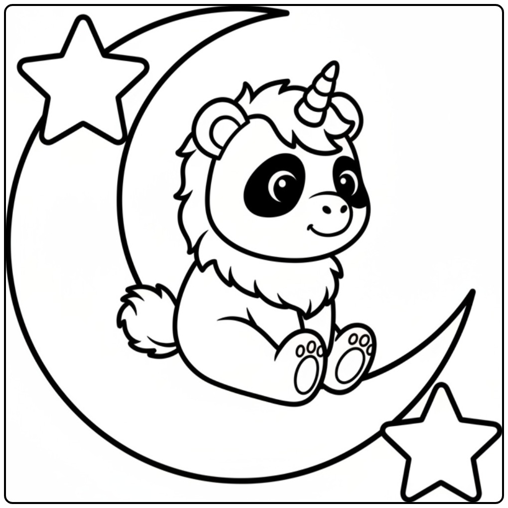 Un mignon coloriage panda licorne assis sur un croissant de lune.