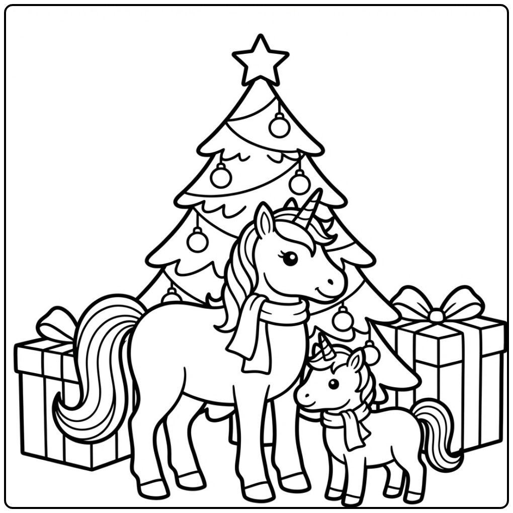Une maman et son bébé licorne pour ce coloriage licorne noel.