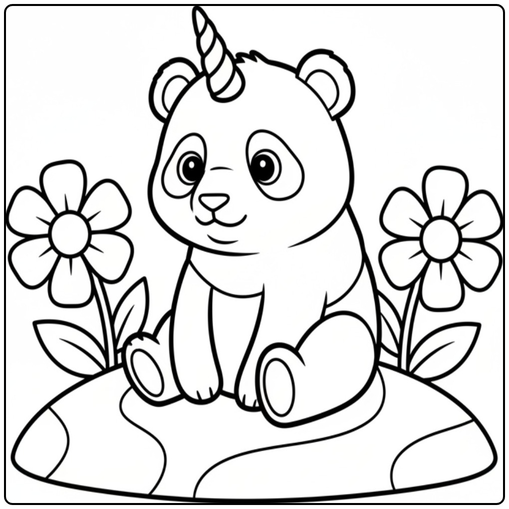 Un adorable coloriage panda licorne assis au milieu des fleurs.