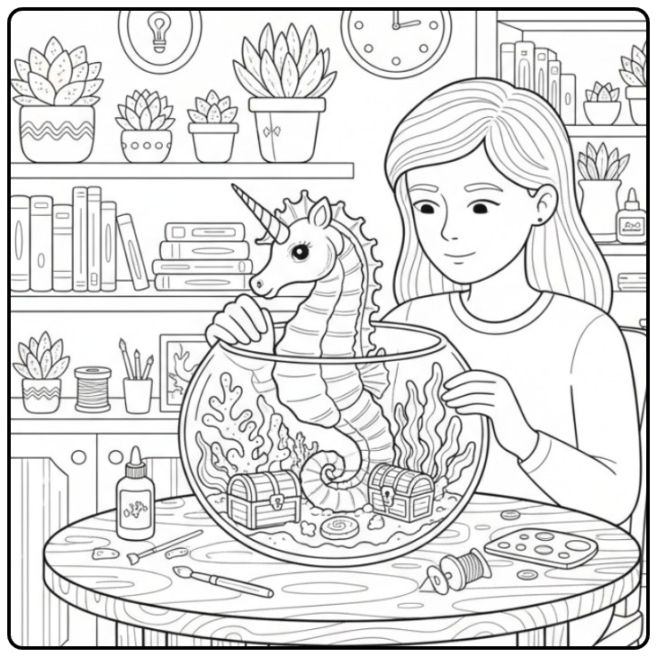 Une fille et son fabuleux coloriage hippocampe licorne à colorier.