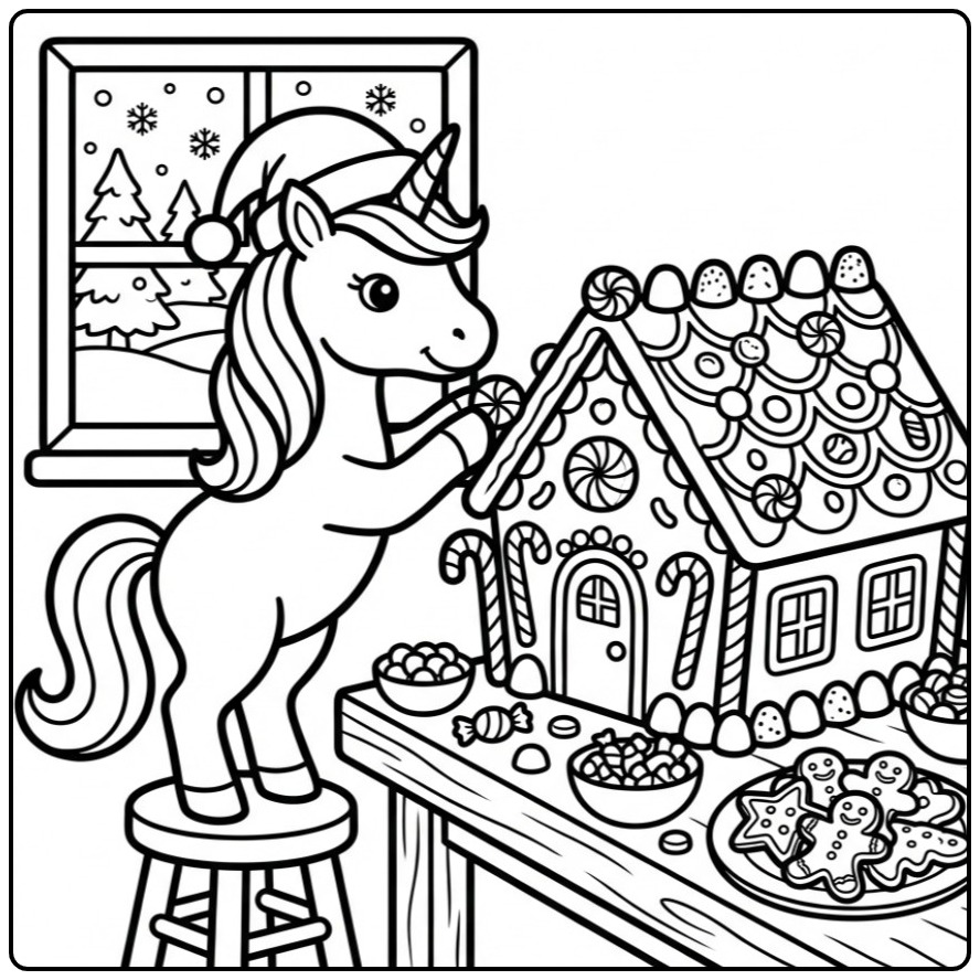 Jolie licorne préparant les fêtes, un coloriage licorne noel.