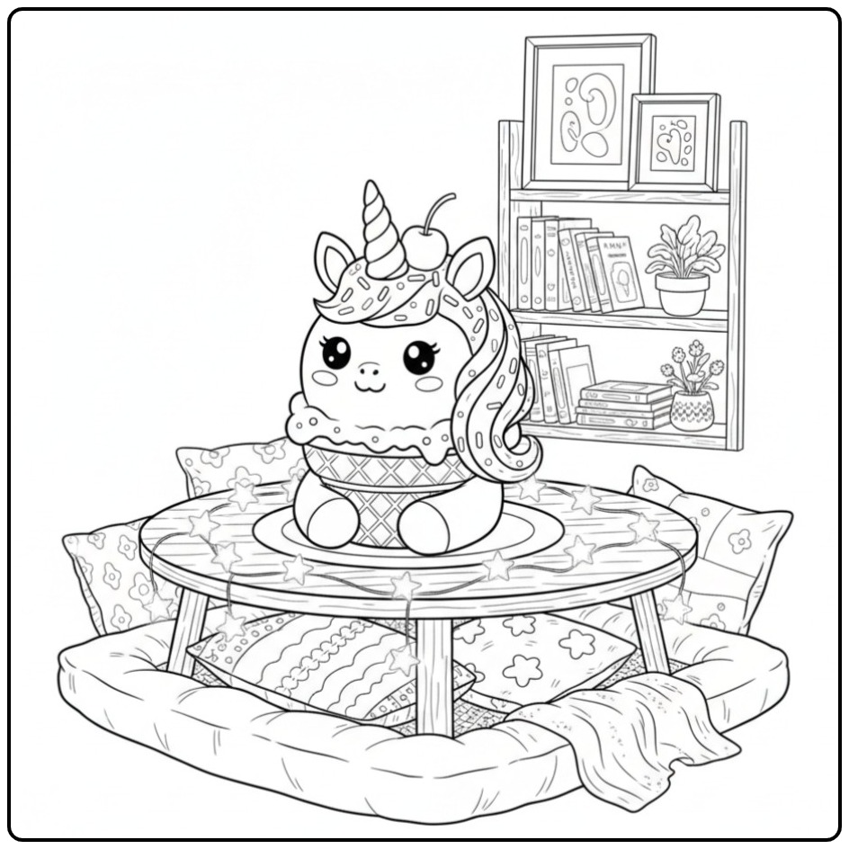 Joli dessin d'un coloriage glace licorne sur une table basse.