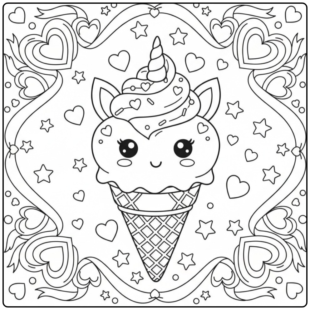 Dessin Coloriage glace licorne avec cornets spéciaux kawaii.