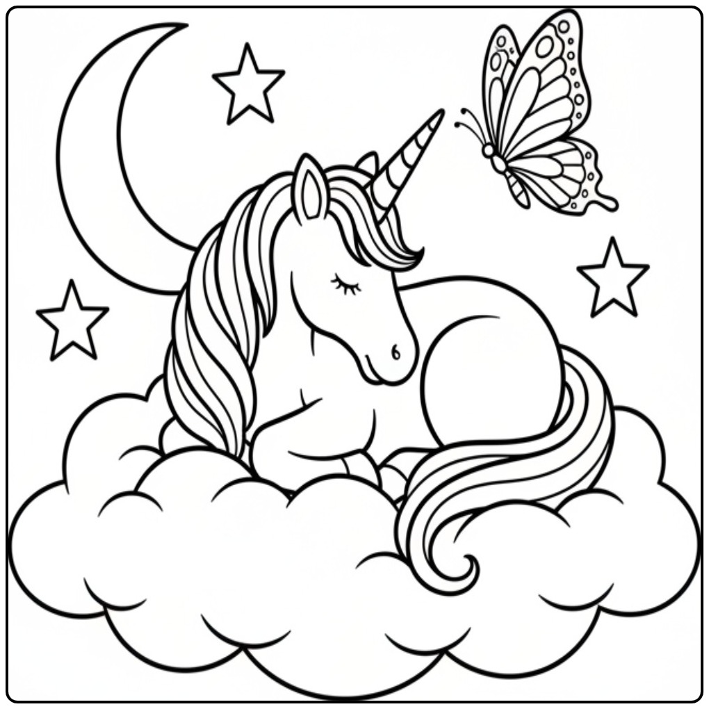 Un joli coloriage licorne papillon se reposant sur un nuage doux.