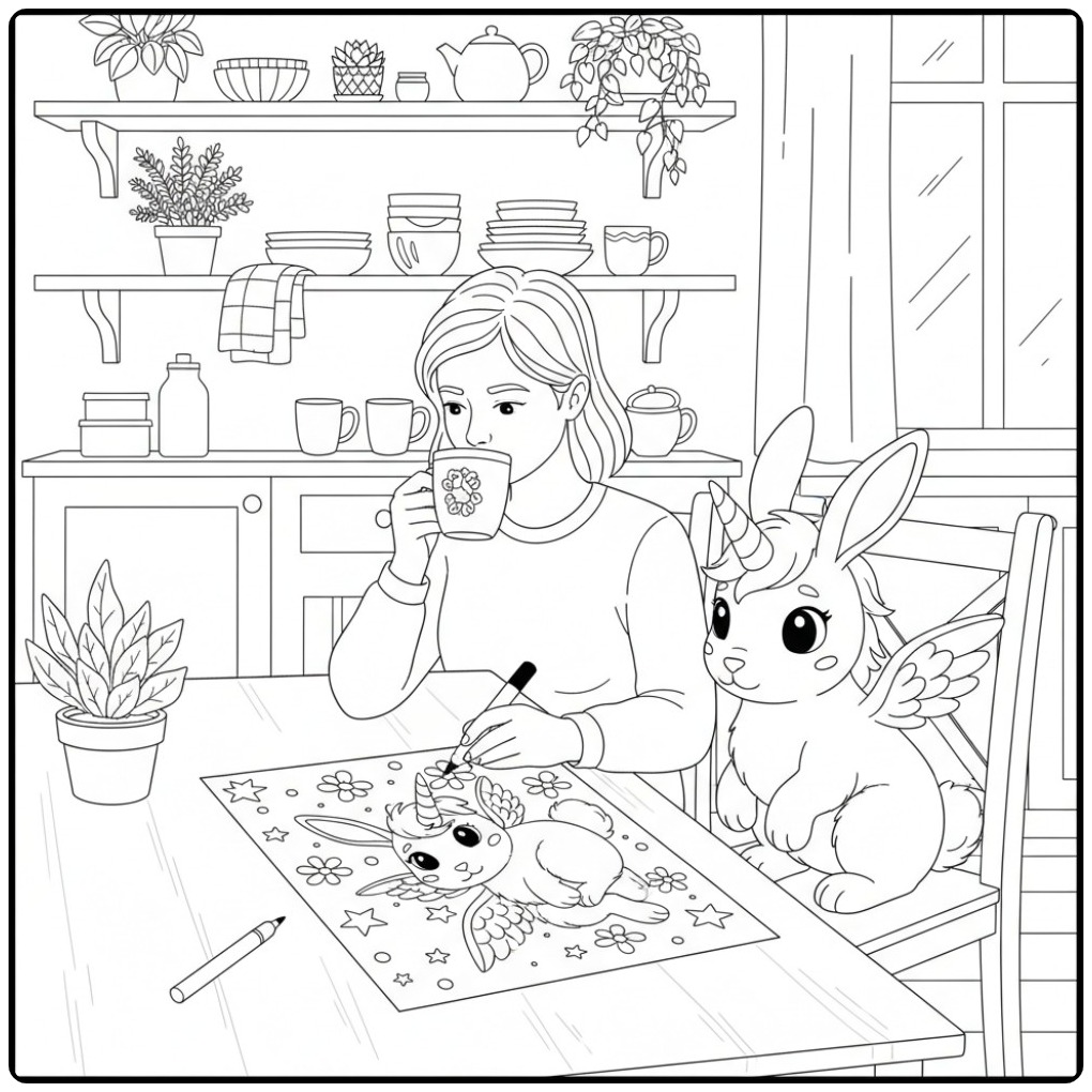 Une artiste créant un magnifique coloriage lapin licorne.