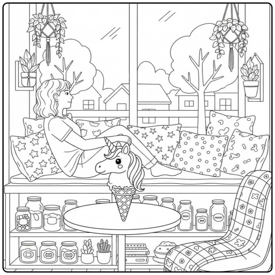Une fille se détend avec un coloriage glace licorne magique.