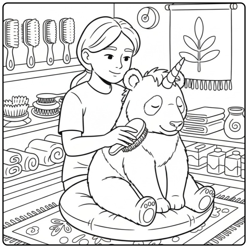 Une jeune fille brosse un adorable coloriage panda licorne.