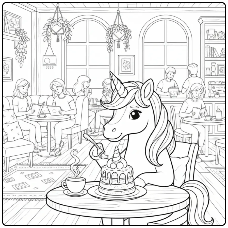 Créature magique dans un café, un coloriage gateau licorne.