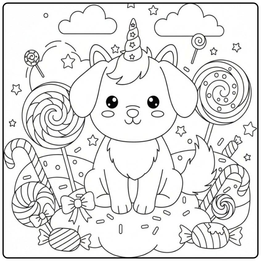 Coloriage chien licorne et bonbons avec sucettes et nuages.