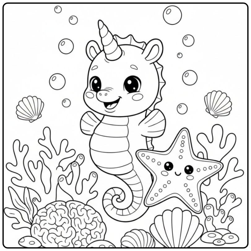 Coloriage hippocampe licorne mignon avec une étoile de mer.